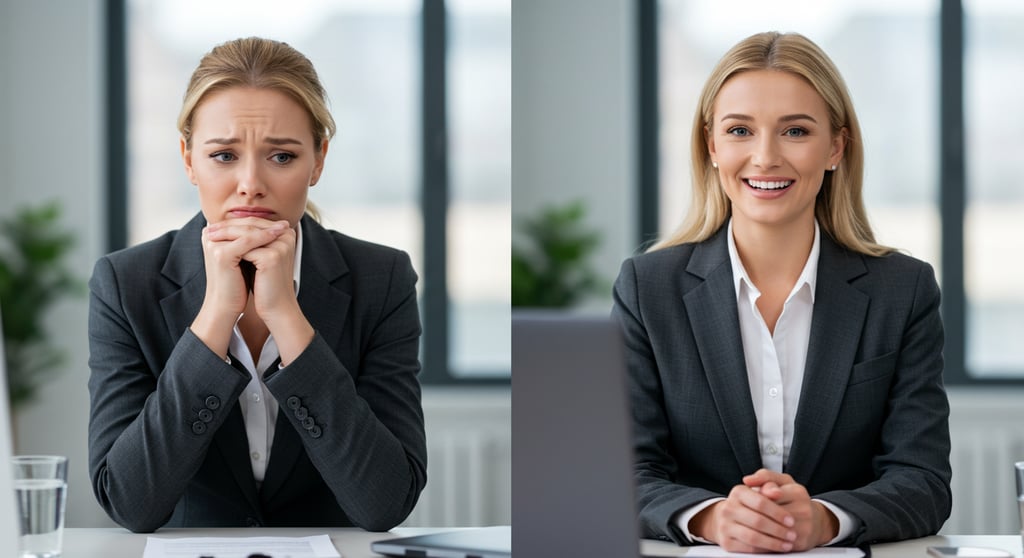 left side a nervous business professional female on a video call split screen confident right side