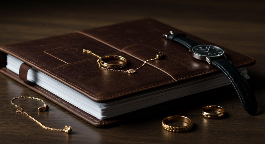 Close-up of professional accessories including portfolio, watch, and subtle jewelry.