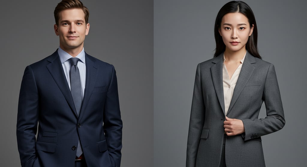 Side-by-side comparison of professional attire options across gender expressions.