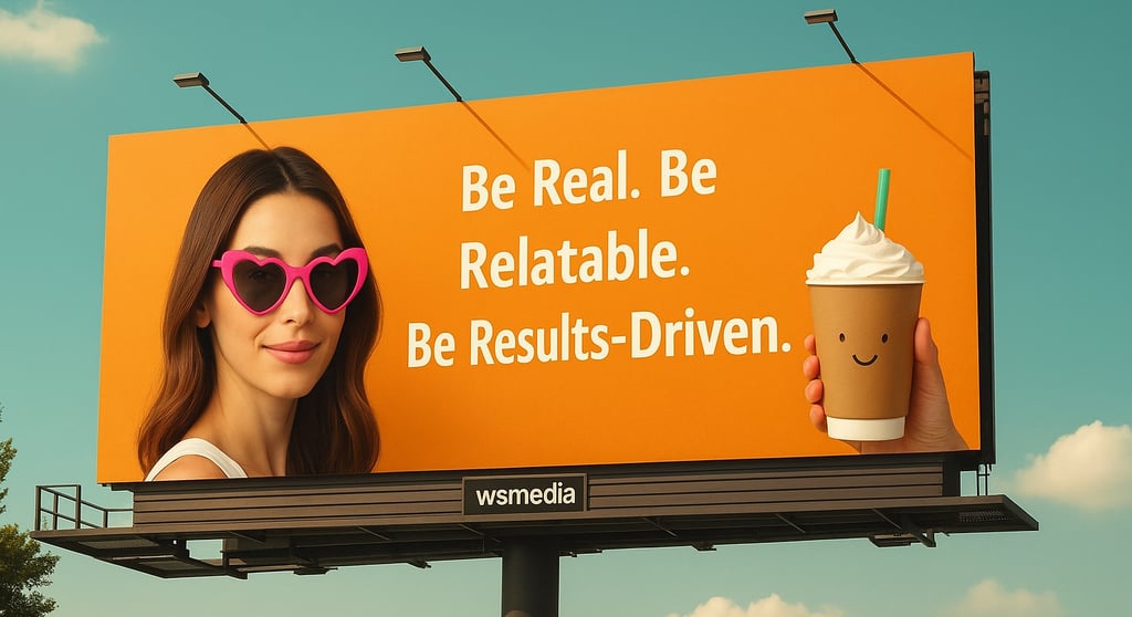 A billboard with a girl on it with slogan Be Real Be relatable be result driven