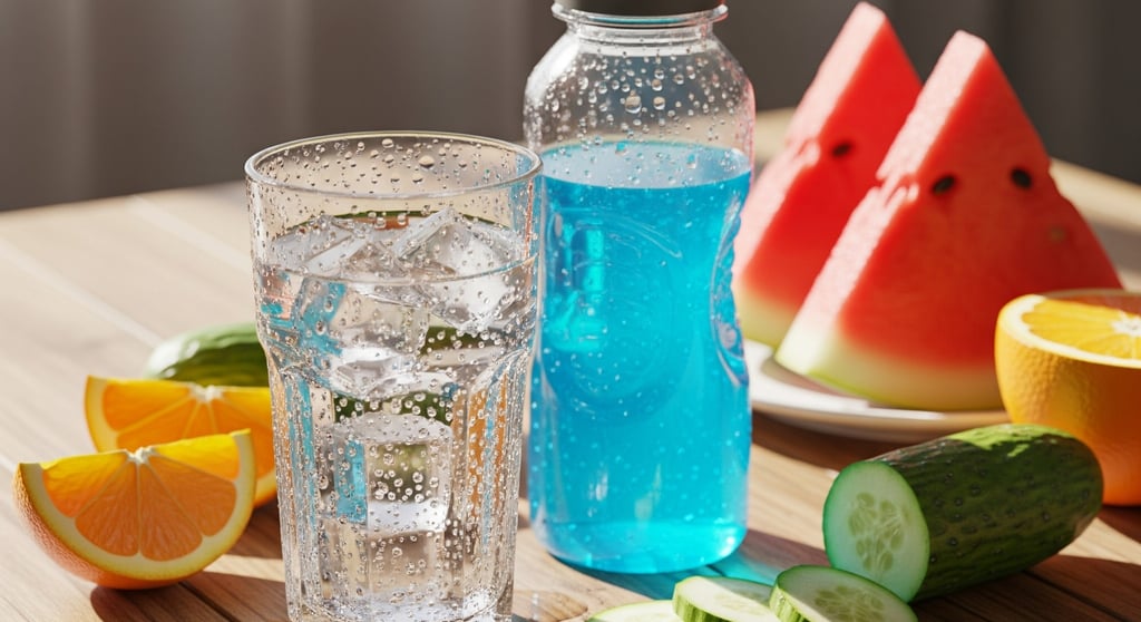A glass of water next to an electrolyte drink and fruits like watermelon, illustrating the different