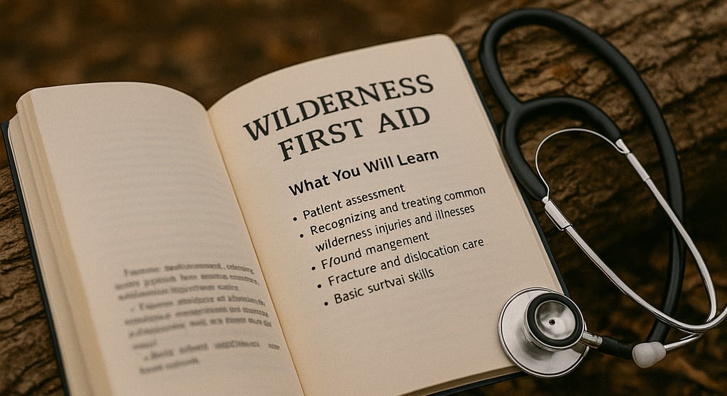 Wilderness first aid guidebook with stethoscope, outdoor survival medical knowledge and emergency response training