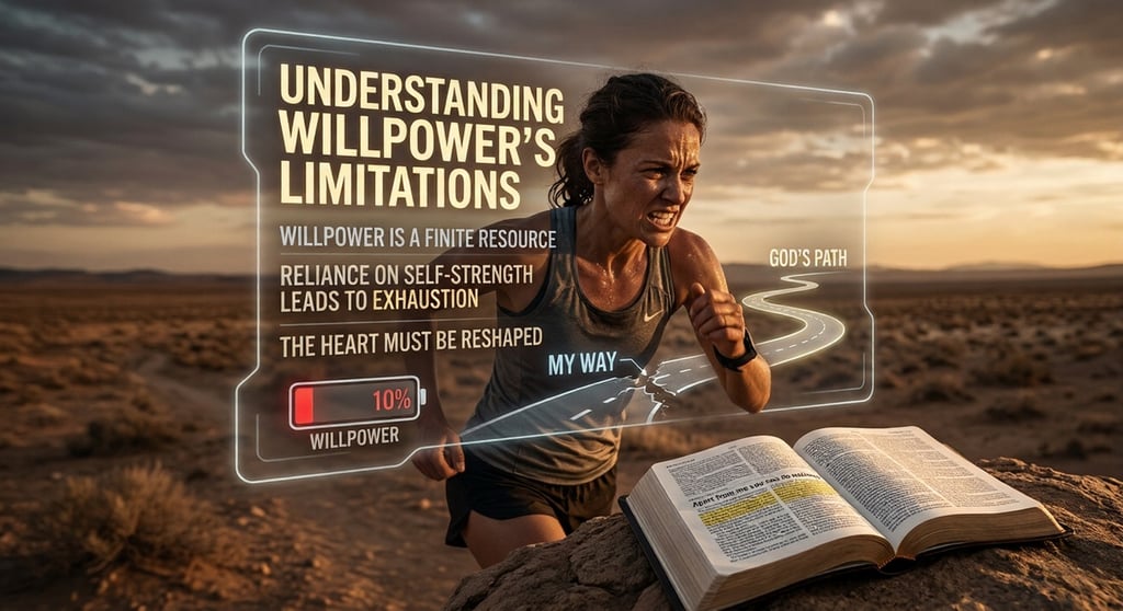 A female runner on a desert path with a digital display about willpower limitations and an open Bible.