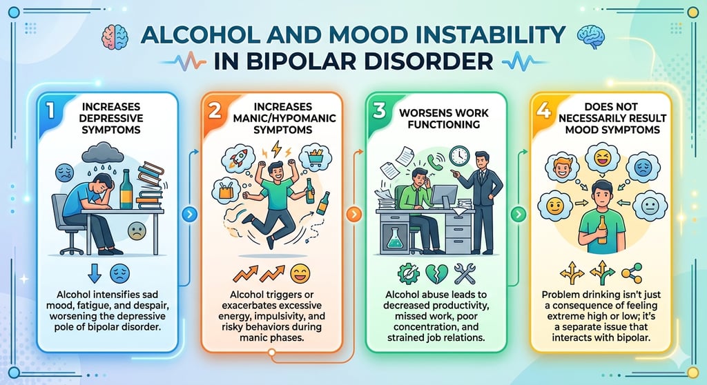 Infographic showing how alcohol affects bipolar disorder by increasing depression and manic symptoms.