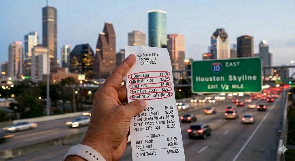 Hand holding an HEB grocery receipt against the Houston skyline and an I-10 freeway sign.