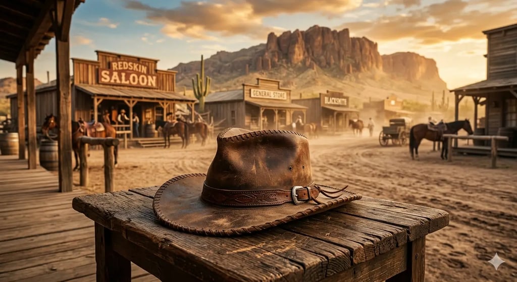 Chapeau de cowboy en cuir sur une table en bois, avec une rue du Far West au coucher du soleil en arrière-plan.