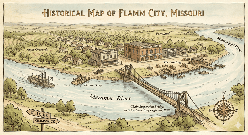 Vintage illustrated historical map of Flamm City, Missouri featuring the Meramec River suspension bridge.