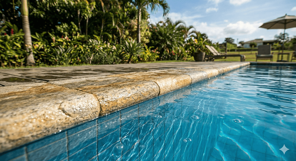 borda e degrau boleado de pedra são tomé amarela/branca, em escada e piscina, não esquenta/escorrega