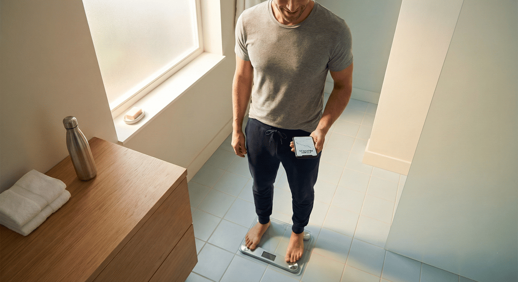 A fit, confident adult in their 30s-40s standing on a modern bathroom scale