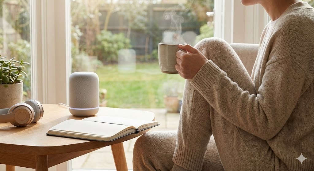 A peaceful morning scene showing a person using a tablet for an AI morning routine with a cup of coffee and warm sunlight.