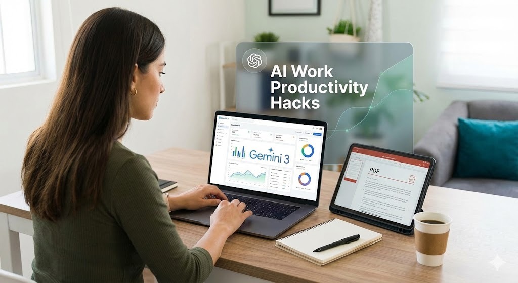 A professional using Gemini 3 on a laptop dashboard and a tablet to demonstrate AI work productivity hacks in a home office.