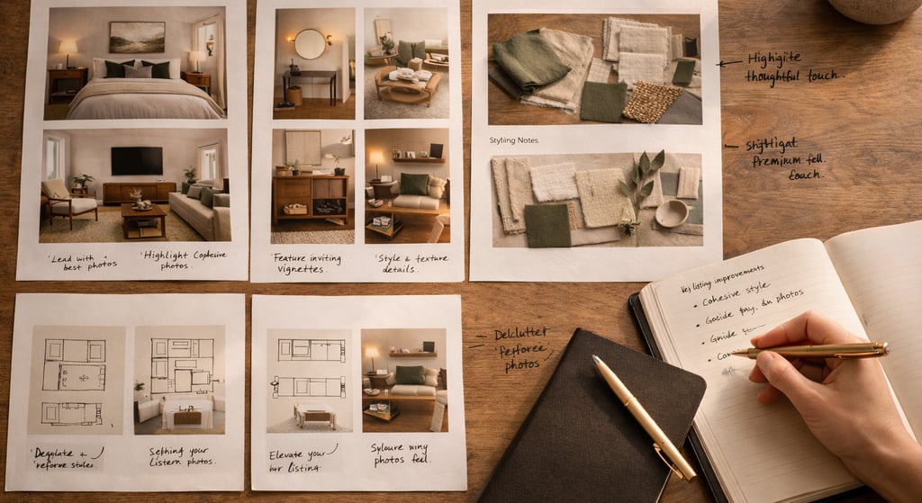 Short-term rental listing photos being reviewed on a desk with design notes and styling ideas.