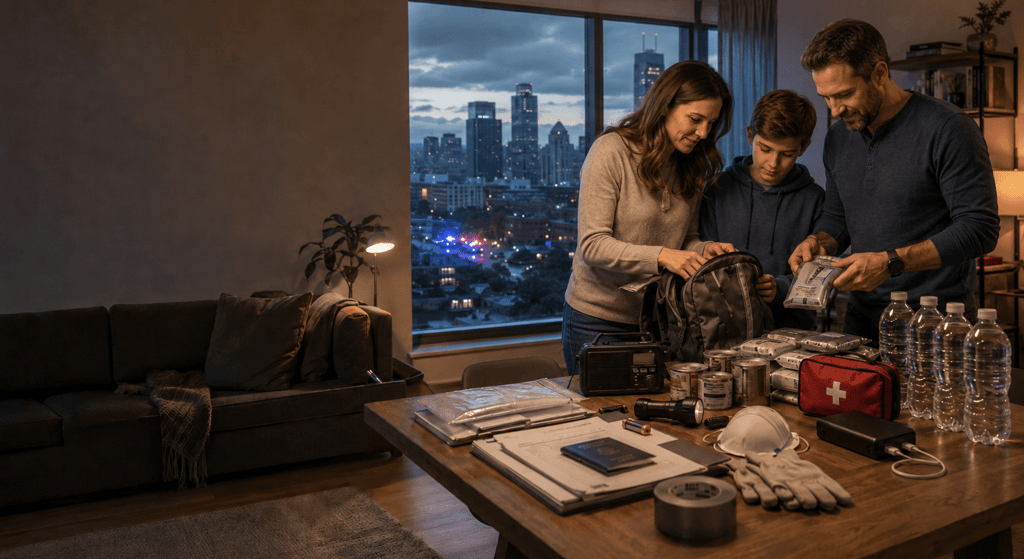 A family packs an emergency survival kit and first aid supplies in a city apartment at night.