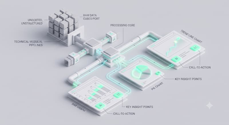 Isometric data visualization diagram showing raw data processing into bar graphs, pie charts, and trend line charts.