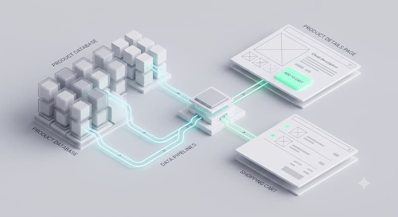 Isometric diagram of product database connecting via data pipelines to shopping cart and details page.