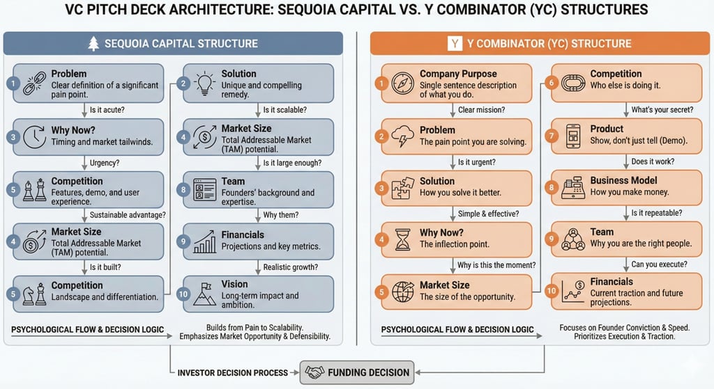 Infographic comparing Sequoia and YC pitch deck slide structures and investor decision flow.