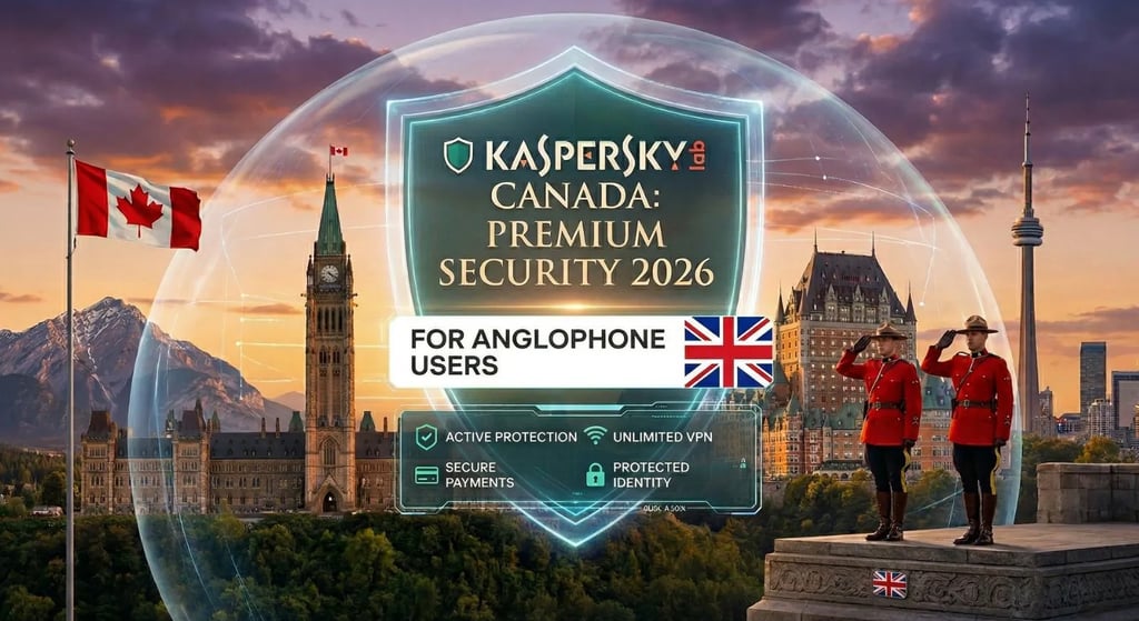 Kaspersky 2026 cybersecurity for English users in Canada. Large holographic shield over CN Tower and Rocky Mountains scenery.
