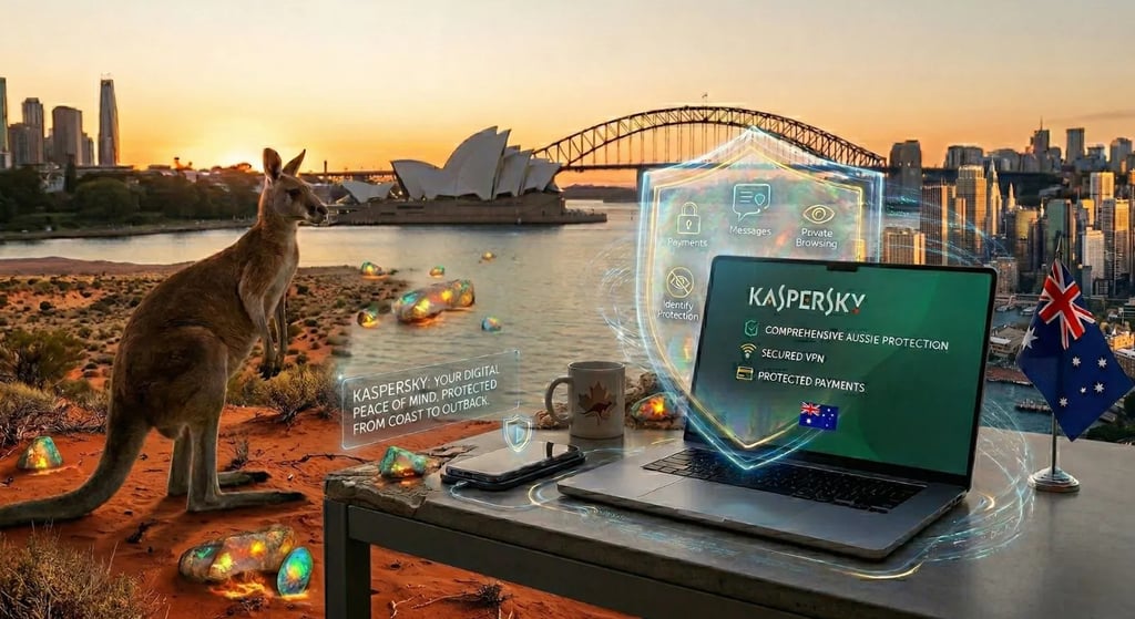 Aussie balcony: Kaspersky laptop unites Sydney Opera House, Harbour Bridge, and Outback desert with kangaroo.
