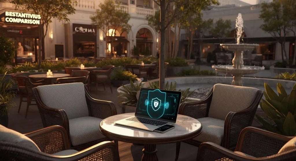 High-end café terrace with laptop on public Wi-Fi, neon shield security, urban environment and antivirus protection concept