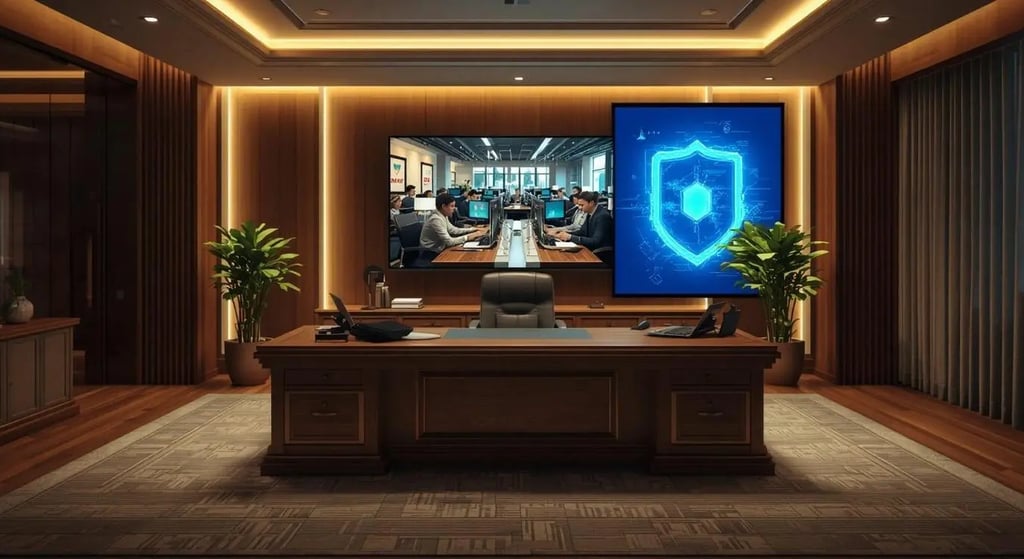 Luxury executive office with mahogany desk, warm lighting and wall frame displaying a blue cybersecurity shield symbol