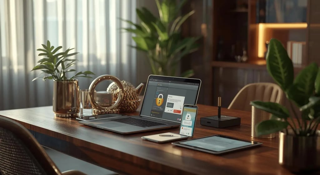 Modern workspace with laptop email inbox blocked attachment, smartphone phishing alert, tablet secure document preview