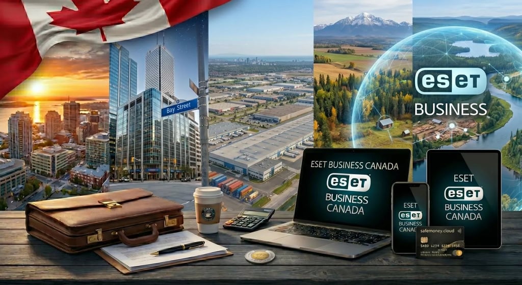 Canadian business landscape showing Toronto's Bay Street, logistics warehouses, and rural natural resource areas.
