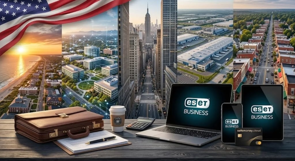 Professional montage of US business sectors including Wall Street finance, Silicon Valley tech, and industrial zones.