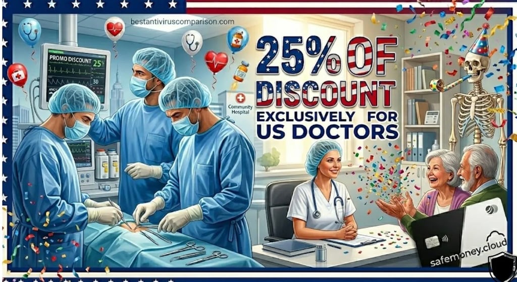 Surgeon operating on screen 25% discount, female doctor happy family throwing confetti,anatomical skeleton party hat blower.