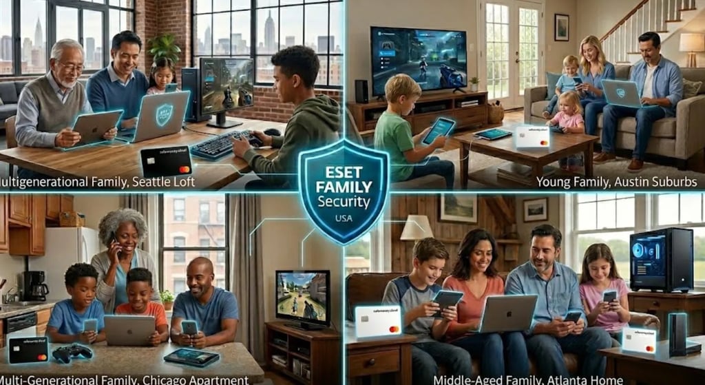 Four diverse USA families (urban to rural) secure 15 devices with ESET Family Security and SafeMoney.
