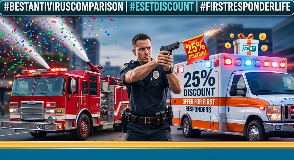 Police officer shooting a 25% discount flag, fire truck launching confetti, ambulance with 25% discount text flashing lights.