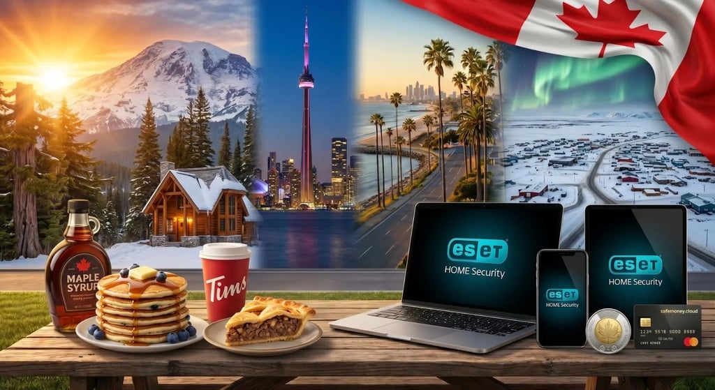 Canadian lifestyle collage featuring CN Tower, maple syrup, snowy mountains, and safemoney.cloud banking protection