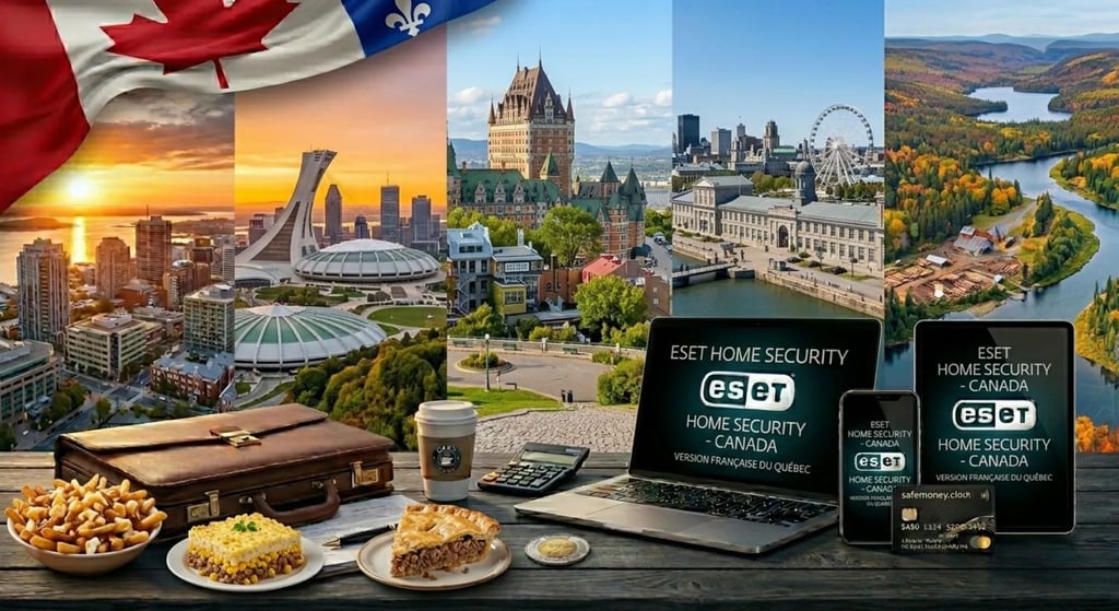 Montage of Canadian icons: Chateau Frontenac, poutine, nature, and devices with French ESET HOME safemoney.cloud card.