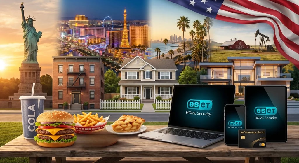 Iconic American imagery with Statue of Liberty and Las Vegas skyline paired with ESET HOME Security software