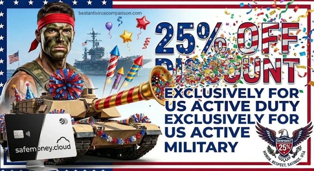 A Rambo-style soldier posing next to a military tank firing multicolored confetti, ESET 25% discount promo.