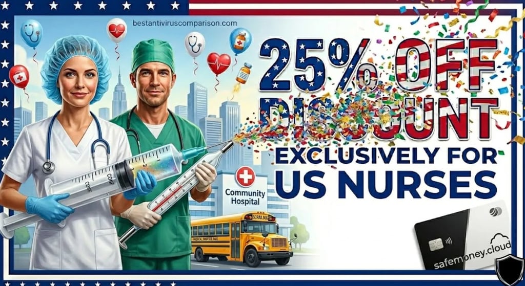 Male and female nurses in uniform holding giant syringes shooting party confetti, ESET 25% discount nursing promo.