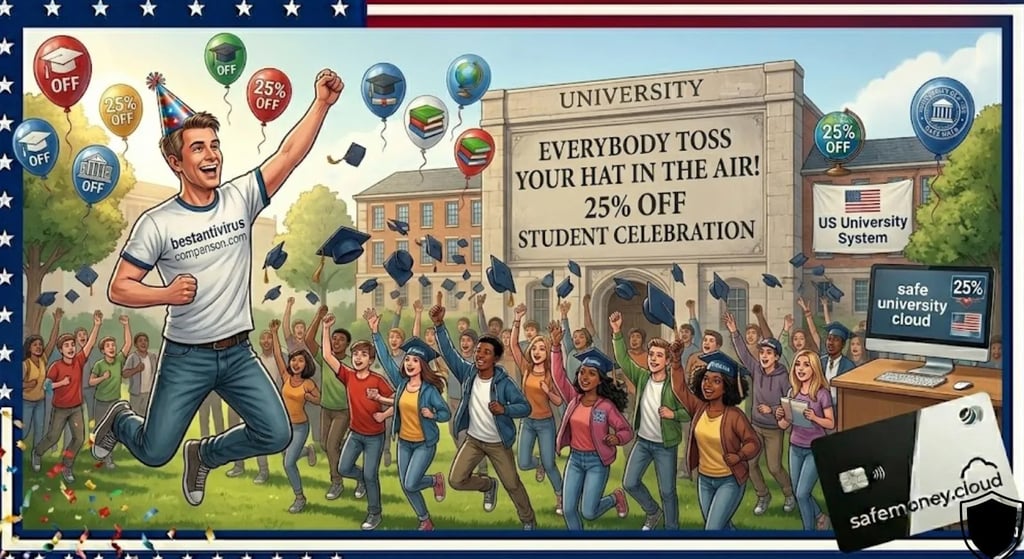 University students throwing their graduation hats in the air with confetti, ESET 25% student discount shield.