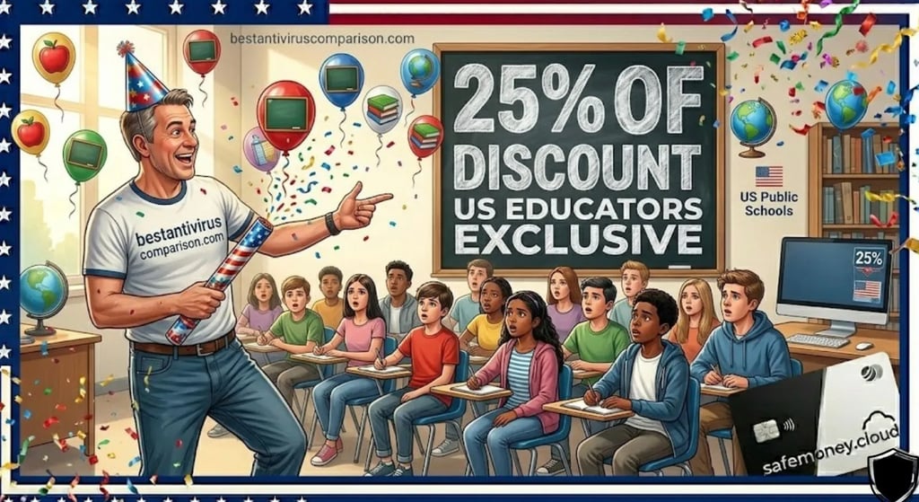 Teacher partying and throwing confetti in front of surprised students in a classroom, ESET 25% educator discount.