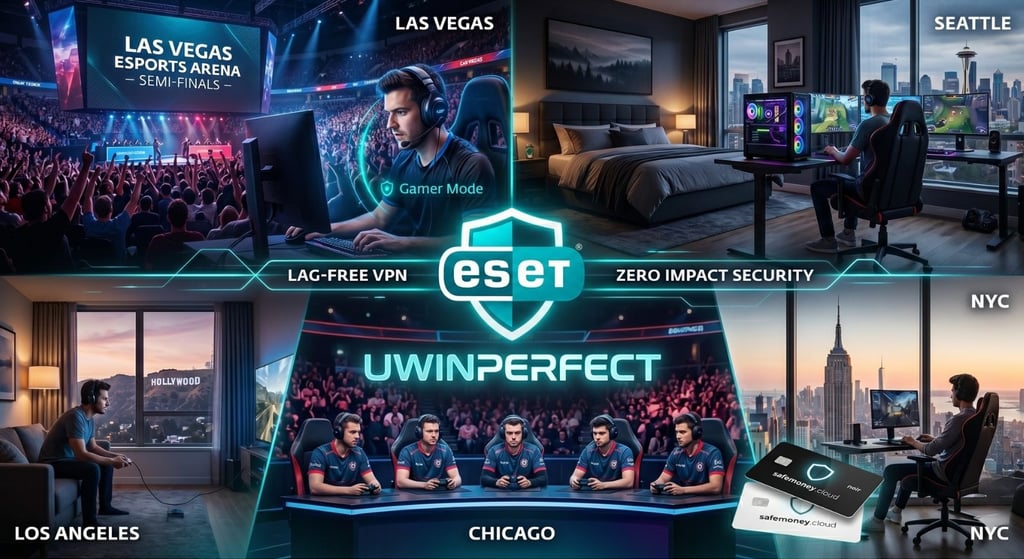 ESET Gaming USA hero montage featuring UWINPERFECT arena, pro-players in Chicago, and safemoney.cloud protection