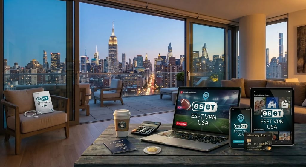 Modern New York apartment interior showing ESET VPN used for secure sports streaming and family movie library.