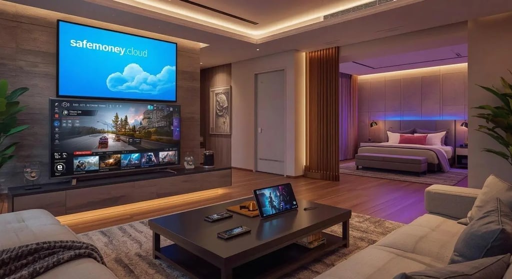 Luxury apartment gaming setup with console on TV, gaming PC, tablet and smartphone games, modern multi-device environment