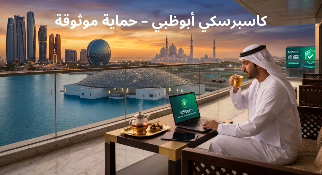 أمن كاسبرسكي الرسمي لأبوظبي يظهر أبراج الاتحاد والجامع الكبير من شرفة مرموقة.
