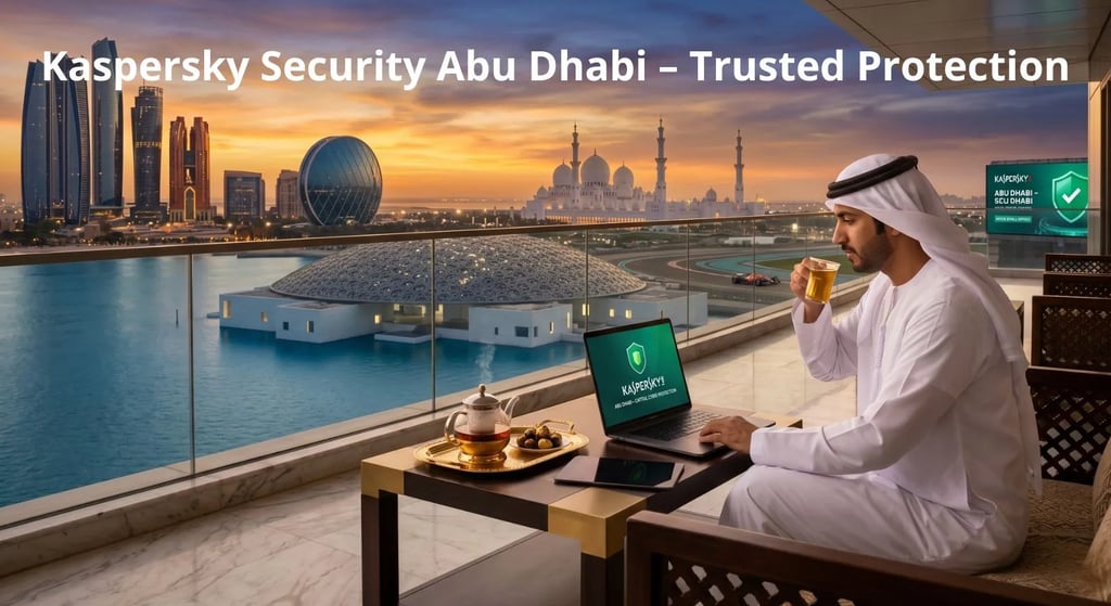 Official Kaspersky security for Abu Dhabi featuring Etihad Towers and the Grand Mosque from a prestigious balcony
