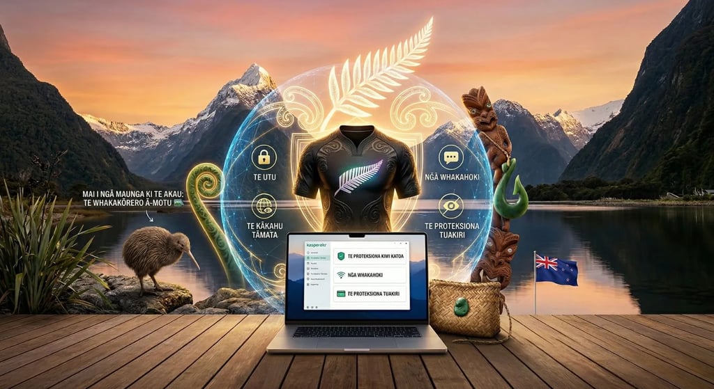He pona me te paitua holographic: whakairo Māori, koti whutuporo, kōwhaiwhai koru, me te manu kiwi. Haki Aotearoa.🇳🇿