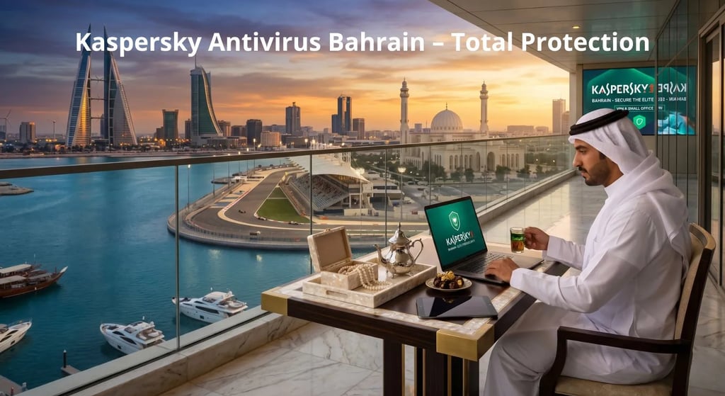 Kaspersky Bahrain protection featuring Manama skyline, the F1 circuit, and traditional pearls on a luxury balcony