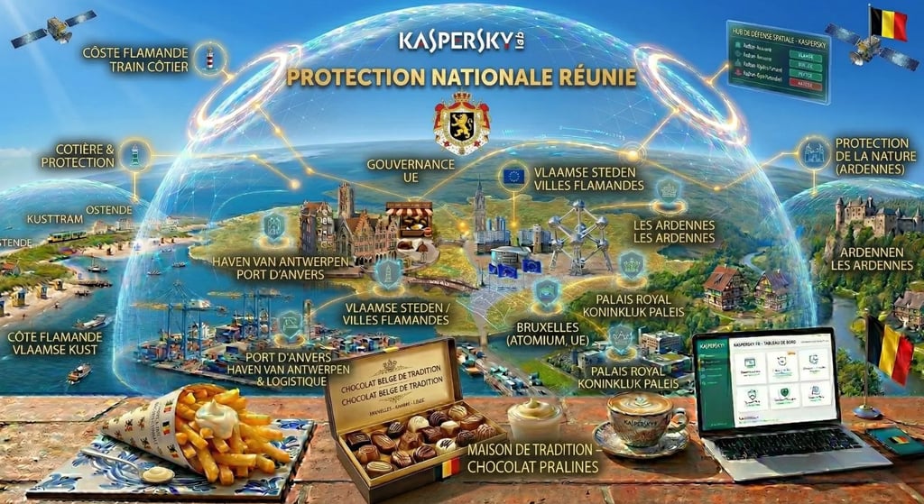 Panorama bilingue de la Belgique sous bouclier Kaspersky. Frites, chocolat et PC bilingues sur terrasse