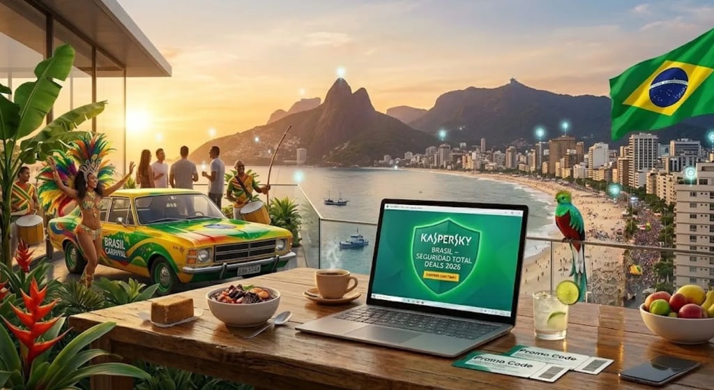 Varanda em SP com vista para Paulista, feijoada e laptop com antivírus Kaspersky Brasil