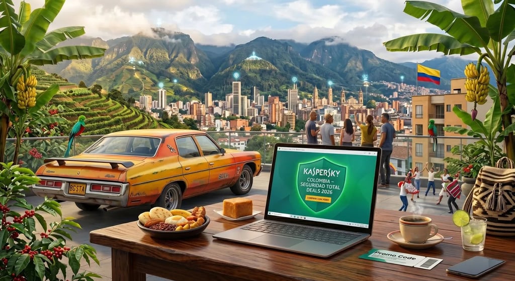 Bogotá desde terraza con bananeros, café y laptop con Kaspersky Colombia 2026 y auto antiguo.