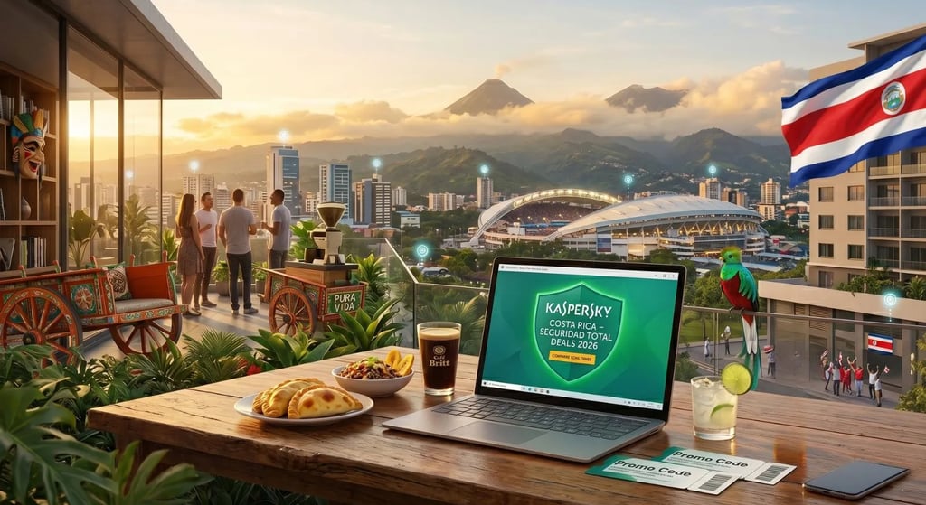 Panorama del volcán Arenal desde una terraza con café de altura y una carreta típica, con una laptop