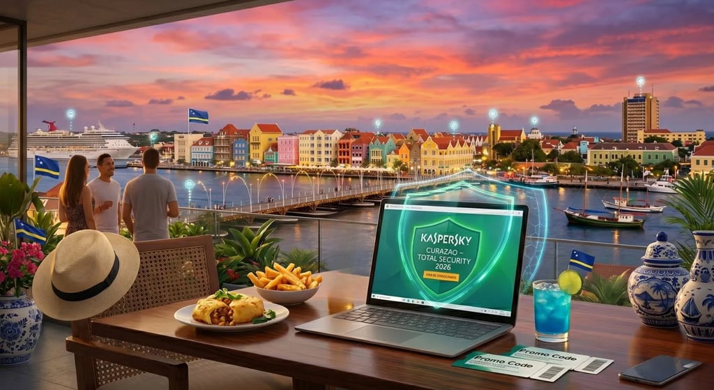 Casas de colores de Willemstad desde terraza con cóctel azul y seguridad de Kaspersky Curazao.