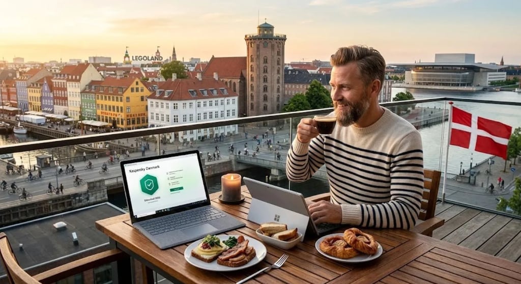 Kaspersky Danmark premium beskyttelse på en terrasse i København med smørrebrød, wienerbrød og udsigt over Nyhavn